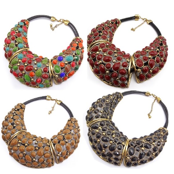New Arrival Vintage Style Bronze Alloy Hollow Out Resin Drop Choker Necklace N-1345
