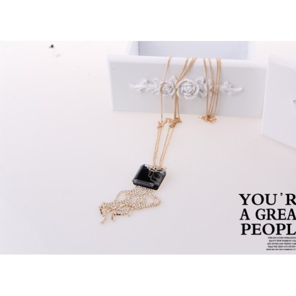 gold plated three chains Rose flower square rhinestone tassel necklace N-0054