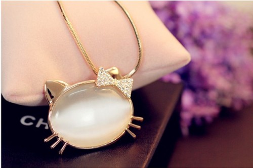 Fashion Gold Plated Metal rhinestone bowknot cat's eye charms cat Necklace N-3322