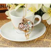 New Arrival Gold Plated Alloy Double Chain Crystal Big Head Cat Pendant Necklace N-3323