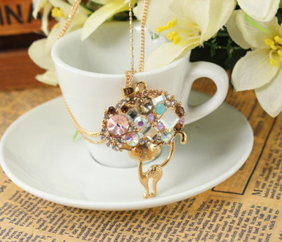 New Arrival Gold Plated Alloy Double Chain Crystal Big Head Cat Pendant Necklace N-3323
