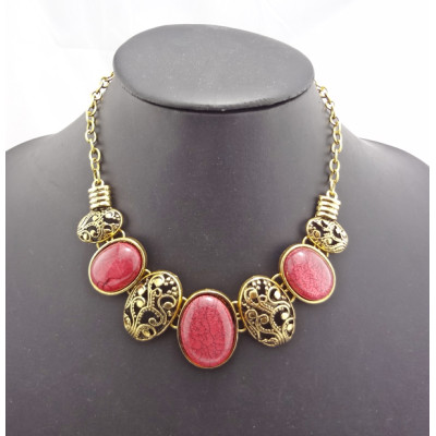 Vintage style Bronze Plated Elliptical Resin Gem Hollow Out Flower Choker Necklace N-0785