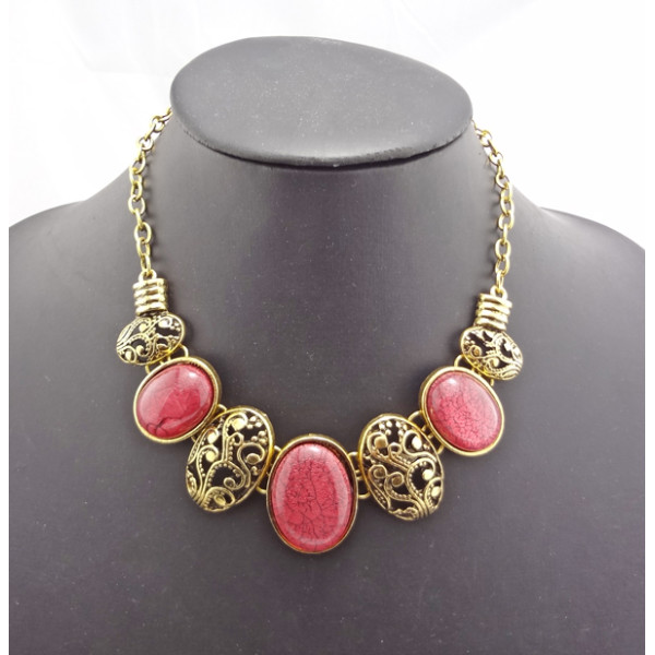 Vintage style Bronze Plated Elliptical Resin Gem Hollow Out Flower Choker Necklace N-0785