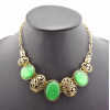 Vintage style Bronze Plated Elliptical Resin Gem Hollow Out Flower Choker Necklace N-0785