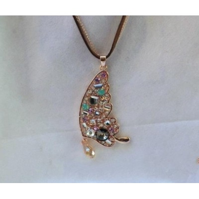 New Arrival Charming Gold Plated Metal Crystal Butterfly Pendant Double Chain Necklace N-2584