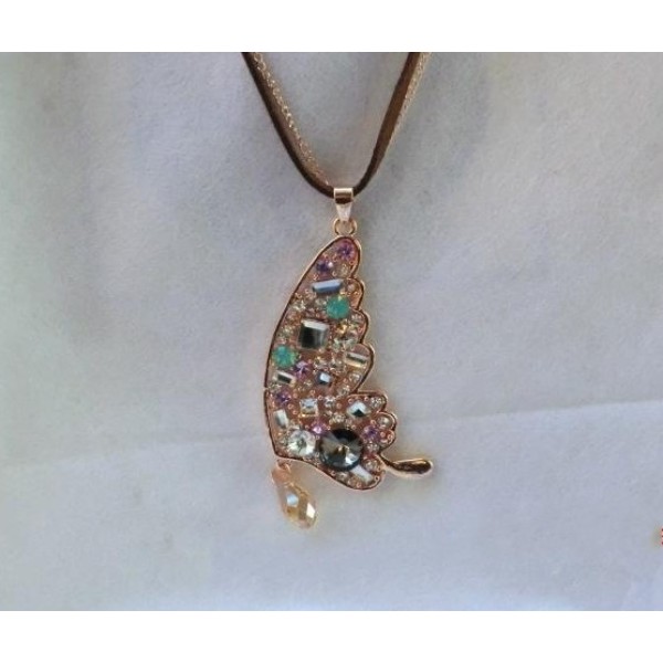 New Arrival Charming Gold Plated Metal Crystal Butterfly Pendant Double Chain Necklace N-2584