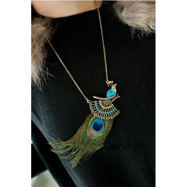 Vintage Bohemia Style  bronze Chain Metal crystal feather peacock  Necklace N-3274