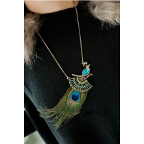 Vintage Bohemia Style  bronze Chain Metal crystal feather peacock  Necklace N-3274