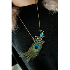Vintage Bohemia Style  bronze Chain Metal crystal feather peacock  Necklace N-3274