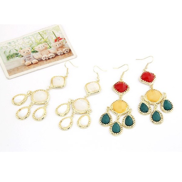 Bohemian Boho Gold Plated Resin Gem Drop Tassel Dangle Ear Stud Earrings E-0011
