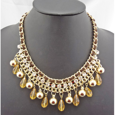 New Fashion Charming Beads Rhinestone Ball Drop Leather Chain Choker Necklace N-1300