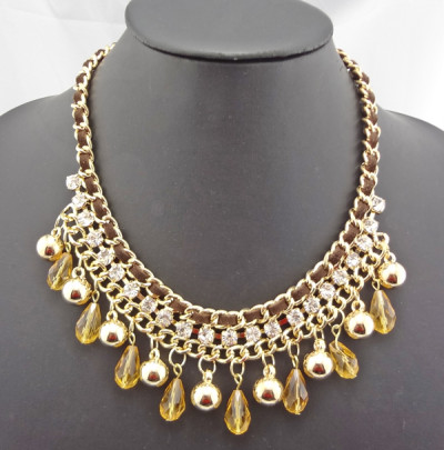 New Fashion Charming Beads Rhinestone Ball Drop Leather Chain Choker Necklace N-1300