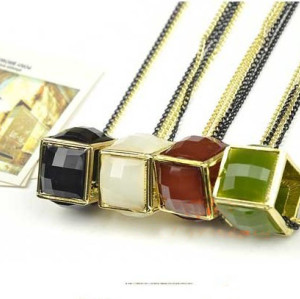 fashion style Square double chain magic cube resin gem pendant necklace N-4519