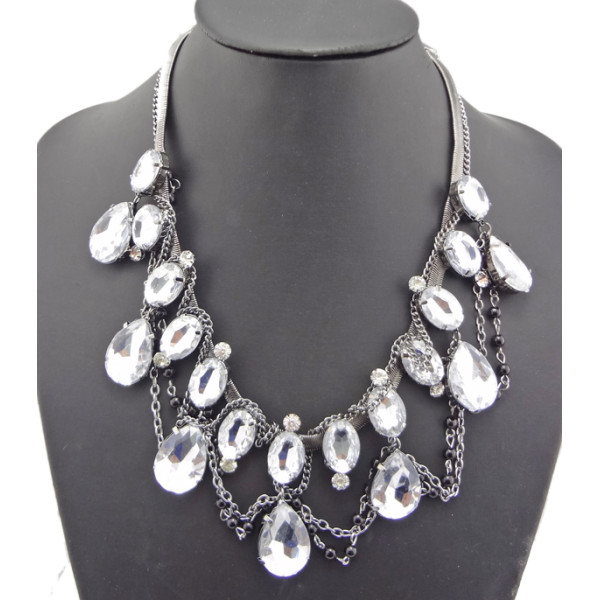 New Arrival Luxury Noble Style Gun Black Double Chains Clear Crystal Drop Pendant Necklace N-1320