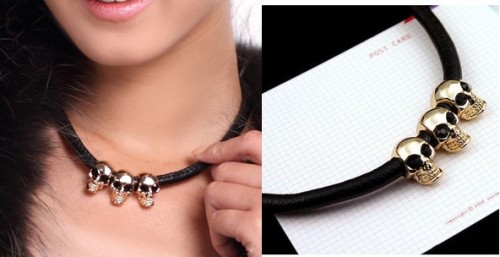 New Charming European Style Gold Plated Alloy Leather Chain Skull Pendant Necklace Bracelet Set S-0003