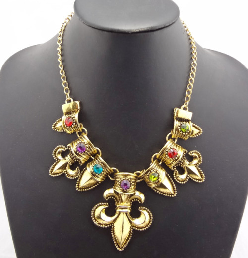 Vintage Style Gold Plated Alloy Rhinestone Stone  Anchor Necklace N-1775