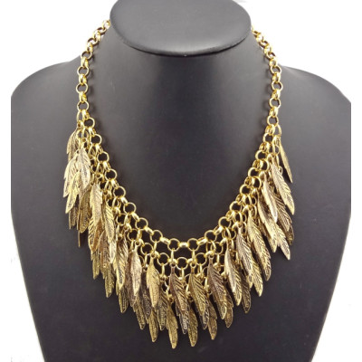 Vintage Gold Plated Alloy Multilayer Leaves Tassel Choker Necklace N-1851