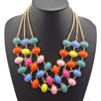 Vintage Style  gold plated metal Multilayer ellipse gem Choker Charms Necklace N-0514