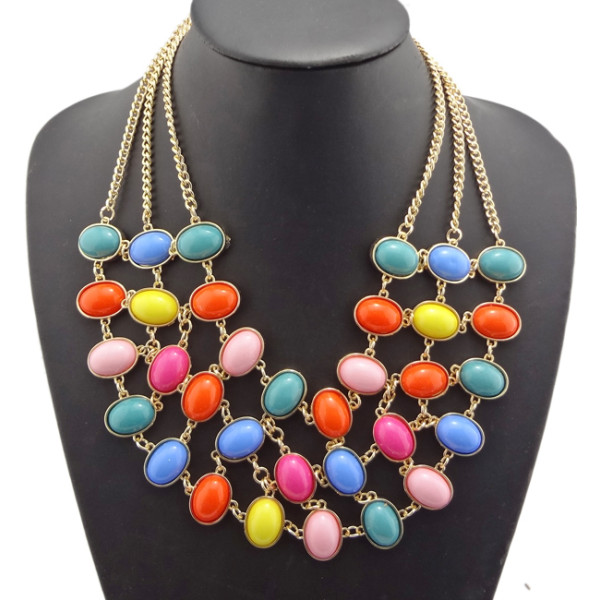 Vintage Style  gold plated metal Multilayer ellipse gem Choker Charms Necklace N-0514