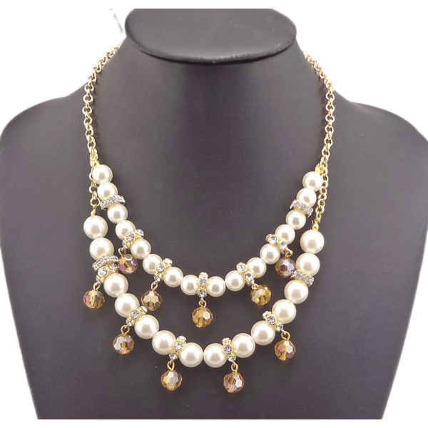 New Fashion Charming Faux Pearl Beads Rhinestone Resin Ball Golden Metal Chain Double Pendant Necklace N-1516