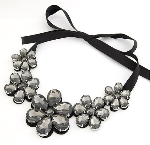 New European Style black ribbon Chain drop crystal flower Choker Necklace N-2258  N-2257
