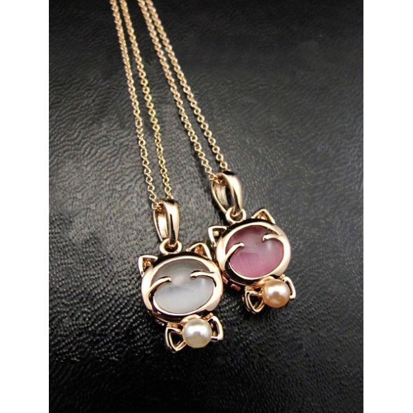 New charming gold plated opal Cat's Eye pearl bowknot cat ring earring necklace set