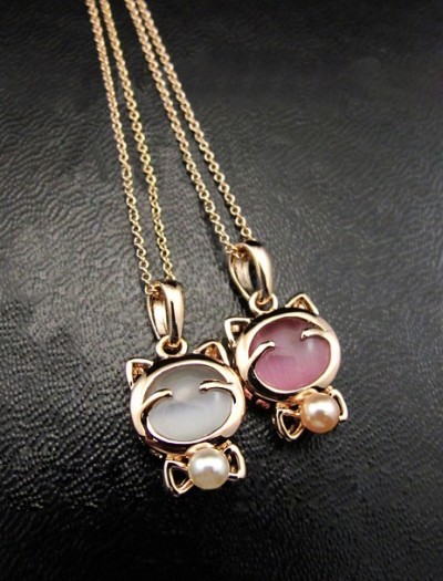 New charming gold plated opal Cat's Eye pearl bowknot cat ring earring necklace set