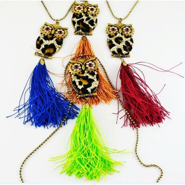 New European leopard print thread Tassel Rhinestone owl Pendant Necklace N-2513