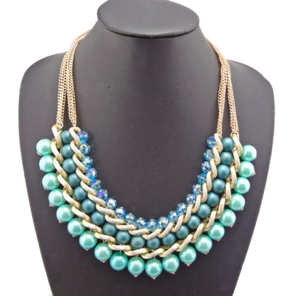 European Style Multilayer gold plated chains crystal beads faux pearl link Necklace N-1513