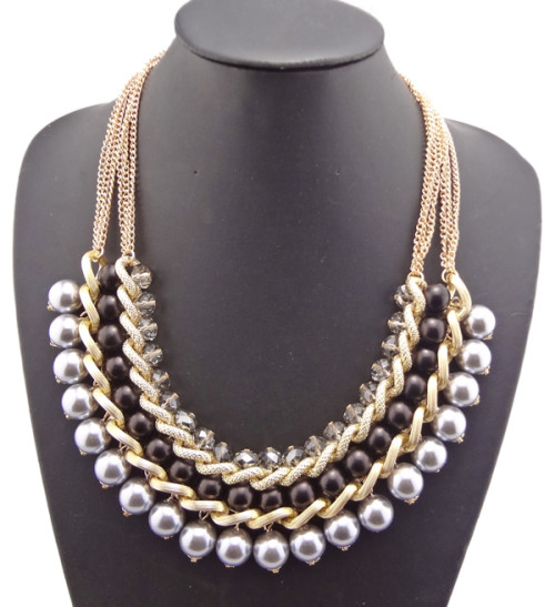 European Style Multilayer gold plated chains crystal beads faux pearl link Necklace N-1513
