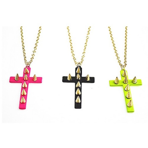 European Vintage Punk Style Stereoscopic Rivet Cross Pendant Long Chain Necklace N-0521