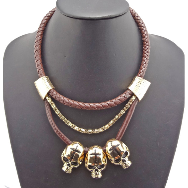 European Style punk leather chain snake chain skull pendant choker necklace N-2759