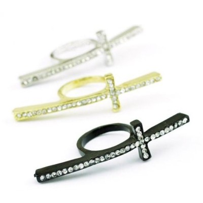 Korea Style Punk Silver/Gold/Black Rhinestone Cross Ring #7.5 Size R-0517