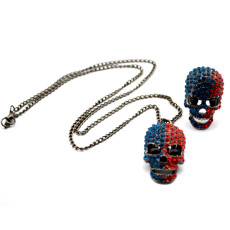 New Fashion Korea Style gun black metal hollow out rhinestone skull necklace ring set S-0002