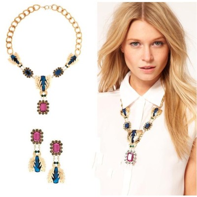 fashion Style Gold Plated Alloy link chain rhinestone insect crystal flower Necklace earring set S-0001