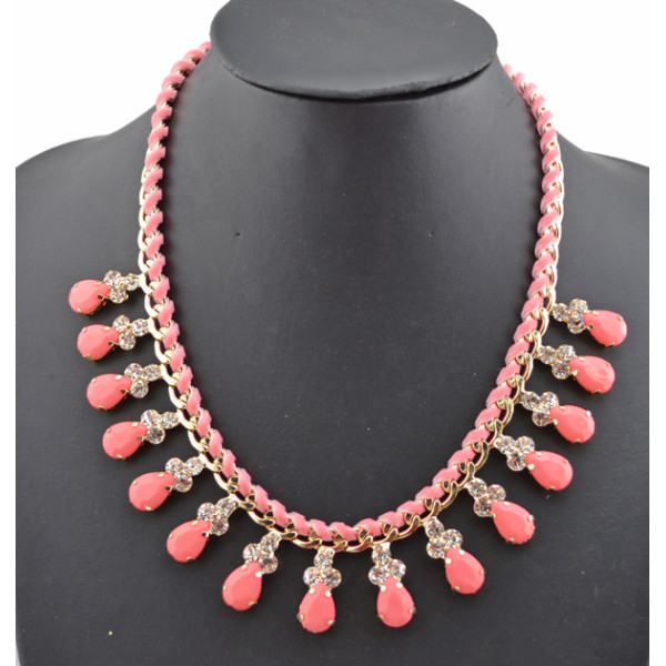 Fashion Style Gold plated Rhinestone  Rope Faux Gem Drop Choker Statement Necklace N-0277