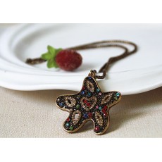 New Charming Korean Vintage Style Gold Plated Alloy Beads Chain Colorful Rhinestone Hollow Out Starfish Pendant Necklace N-3378
