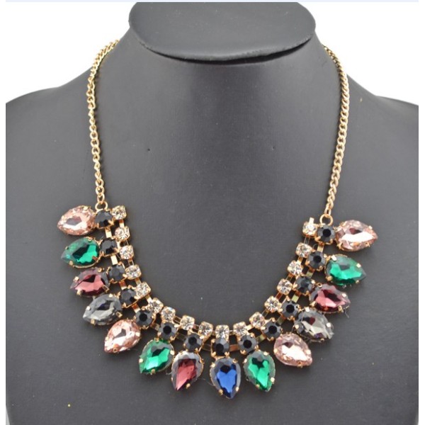 New Arrival Charming Fashion Gold Metal Rhinestone Faux Gem Crystal Drop Choker Necklace N-0263