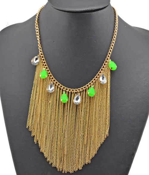 2013 Charming Gold Plated Metal Faux Gem Crystal Drop Tassels Choker Necklace N-1011