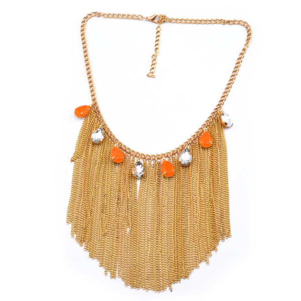 2013 Charming Gold Plated Metal Faux Gem Crystal Drop Tassels Choker Necklace N-1011