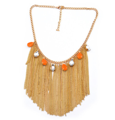 2013 Charming Gold Plated Metal Faux Gem Crystal Drop Tassels Choker Necklace N-1011