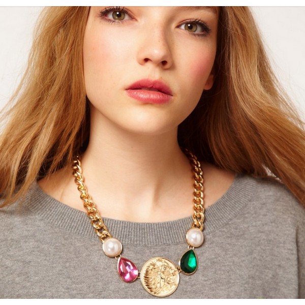 New European Style Fashion Gold Metal Colorful Gem Lion Head Pendant Necklace N-3299