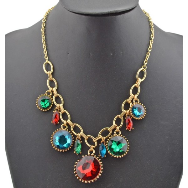 New Charming European Style Fashion Gold Metal Round Crystal Flower Pendant Necklace N-0265