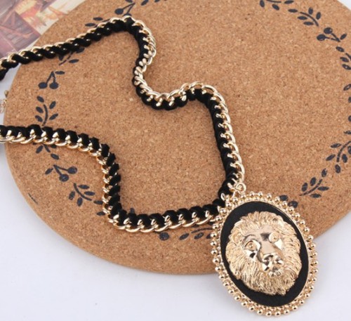 New European Style Bold Plated Alloy Black Velvet Chain Solid Lion Head Choker Necklace N-3278