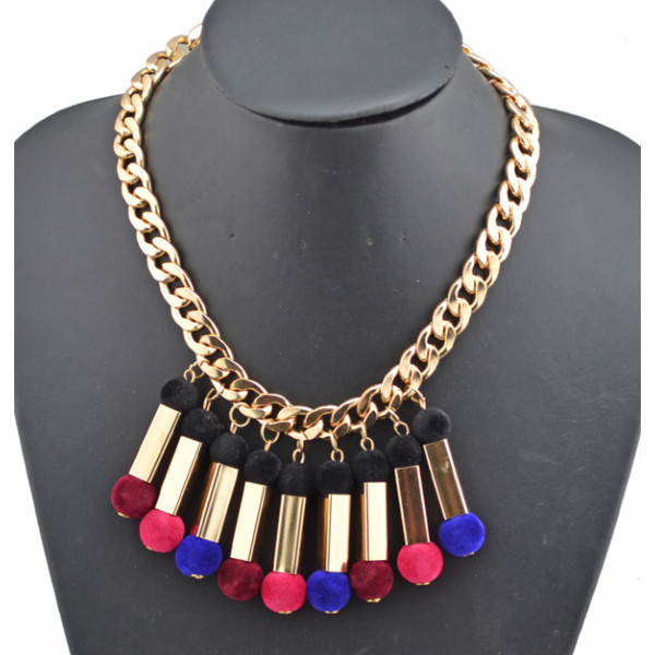 New Fashion  European Style Golden Metal cotton ball cosmetic brush Shape tassels Choker Necklace N-1764