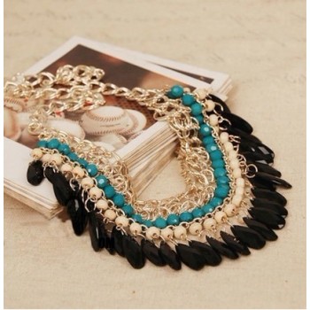 Fashion gold plated Layered  Gems Wood Beads tassels  Bib Chocker Necklaces N-0151