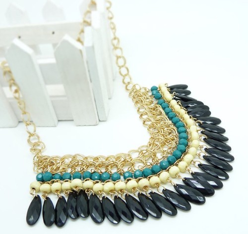 Fashion gold plated Layered  Gems Wood Beads tassels  Bib Chocker Necklaces N-0151
