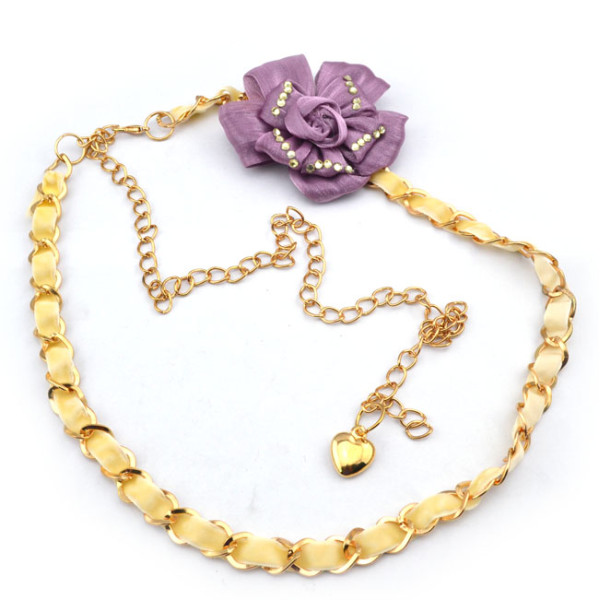 Fashion Charming Gold Metal Rhinestone Purple Flower  Long Waist Chain N-1346