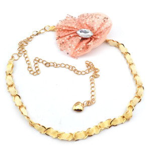 Fashion Charming Gold Metal Crystal Pink Yarn Bowknot  Long Waist Chain N-1347
