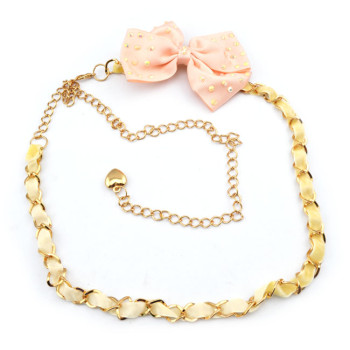 Fashion Charming Gold Metal Silk Pink Bowknot  Long Waist Chain N-1348